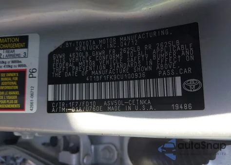 2012 Toyota Camry Le z USA, uszkodzony, nr VIN 4T1BF1FK9CU100936